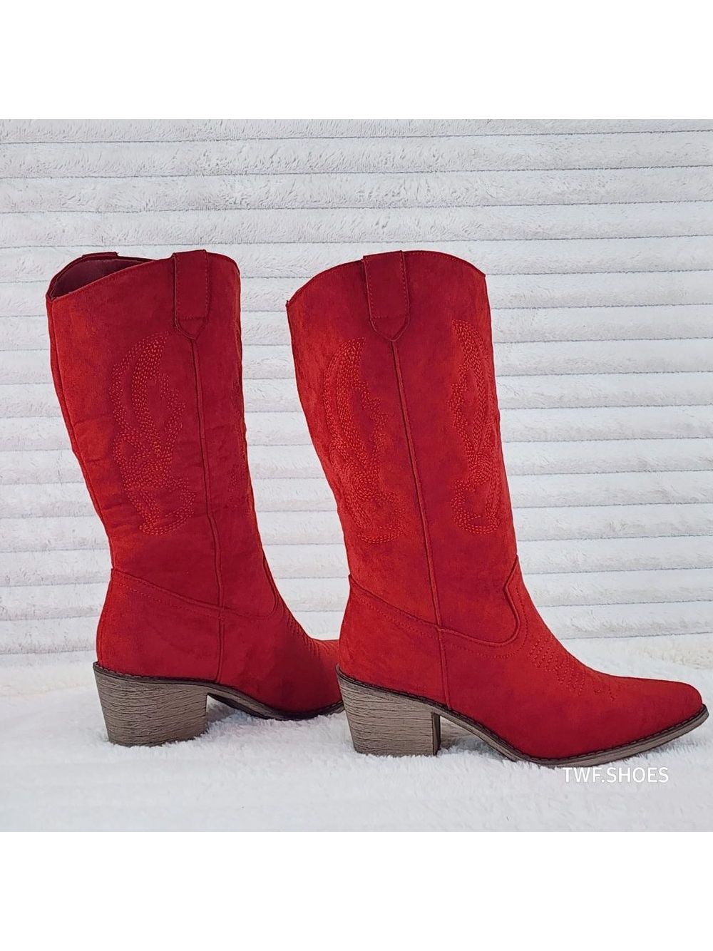 Wild Ones Red Faux Suede Pull On Mid Calf Cowboy Cowgirl Boots
